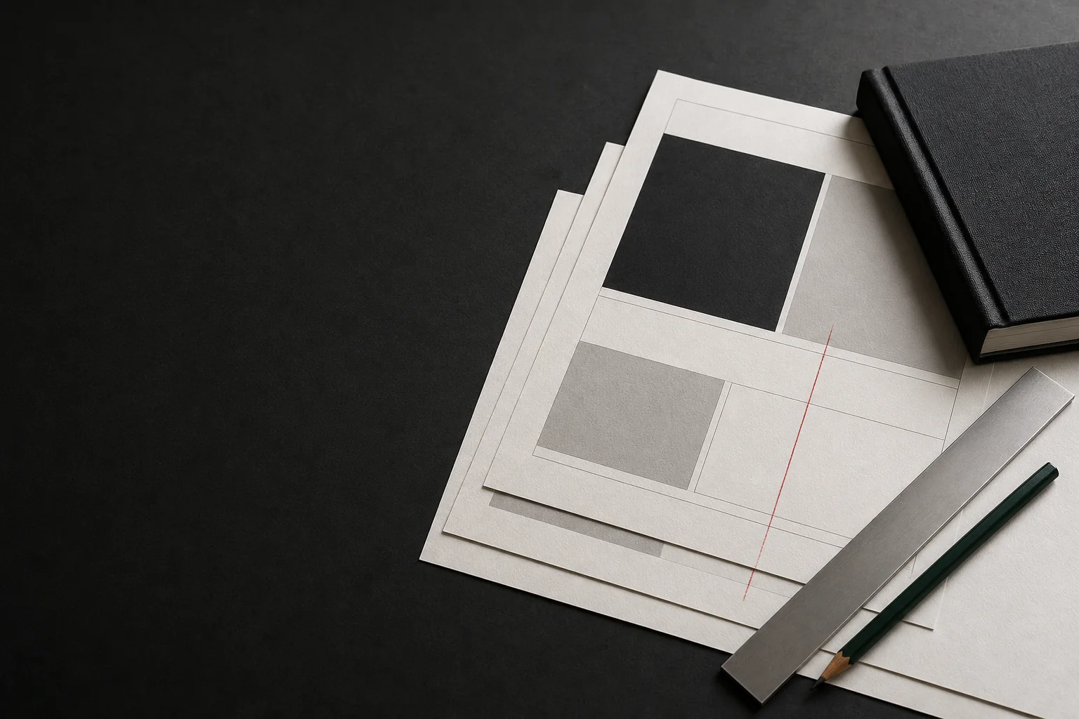 Independent editorial proofing desk with page layouts, a metal straightedge, and a green pencil