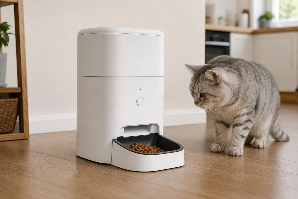 Fictional white smart pet feeder beside a cat in a home kitchen
