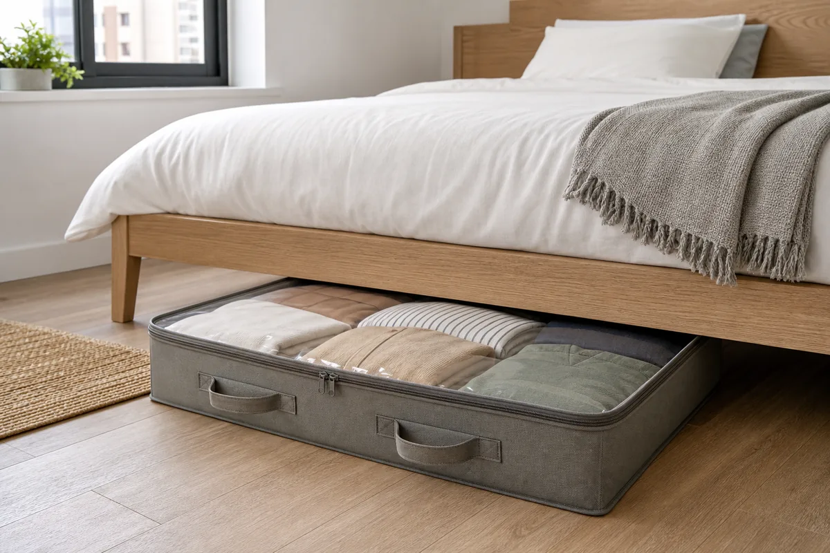 Fictional fabric storage organizer partly pulled from beneath a bed